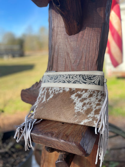 Cowhide + Tooled Leather Crossbody Purse w/ Side Fringe