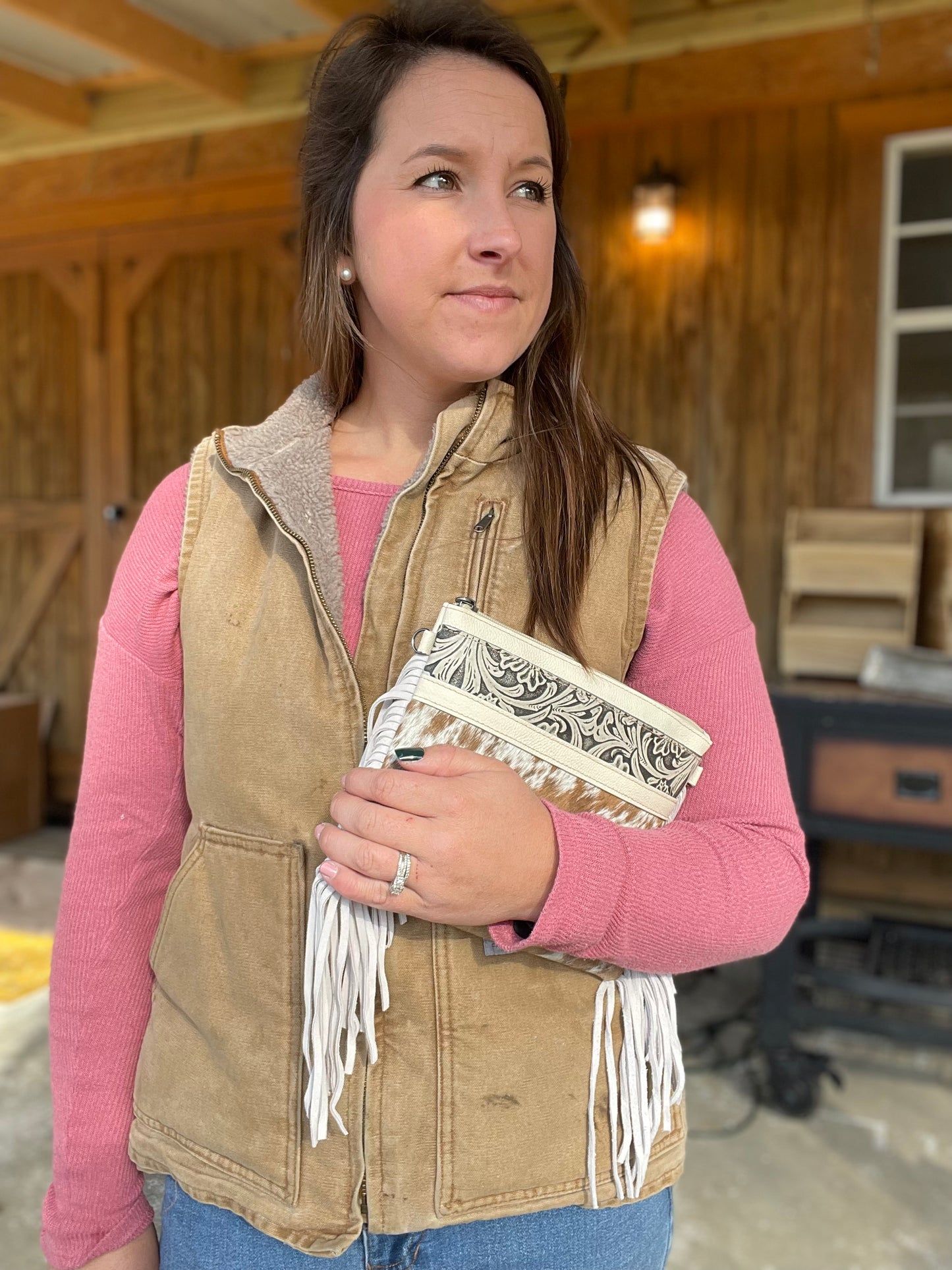 Cowhide + Tooled Leather Crossbody Purse w/ Side Fringe