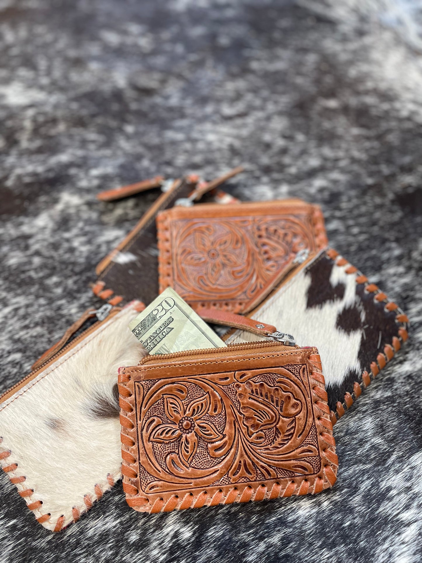 Cowhide & Tooled Leather Coin Purse