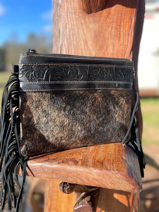 Cowhide + Tooled Leather Crossbody Purse w/ Side Fringe