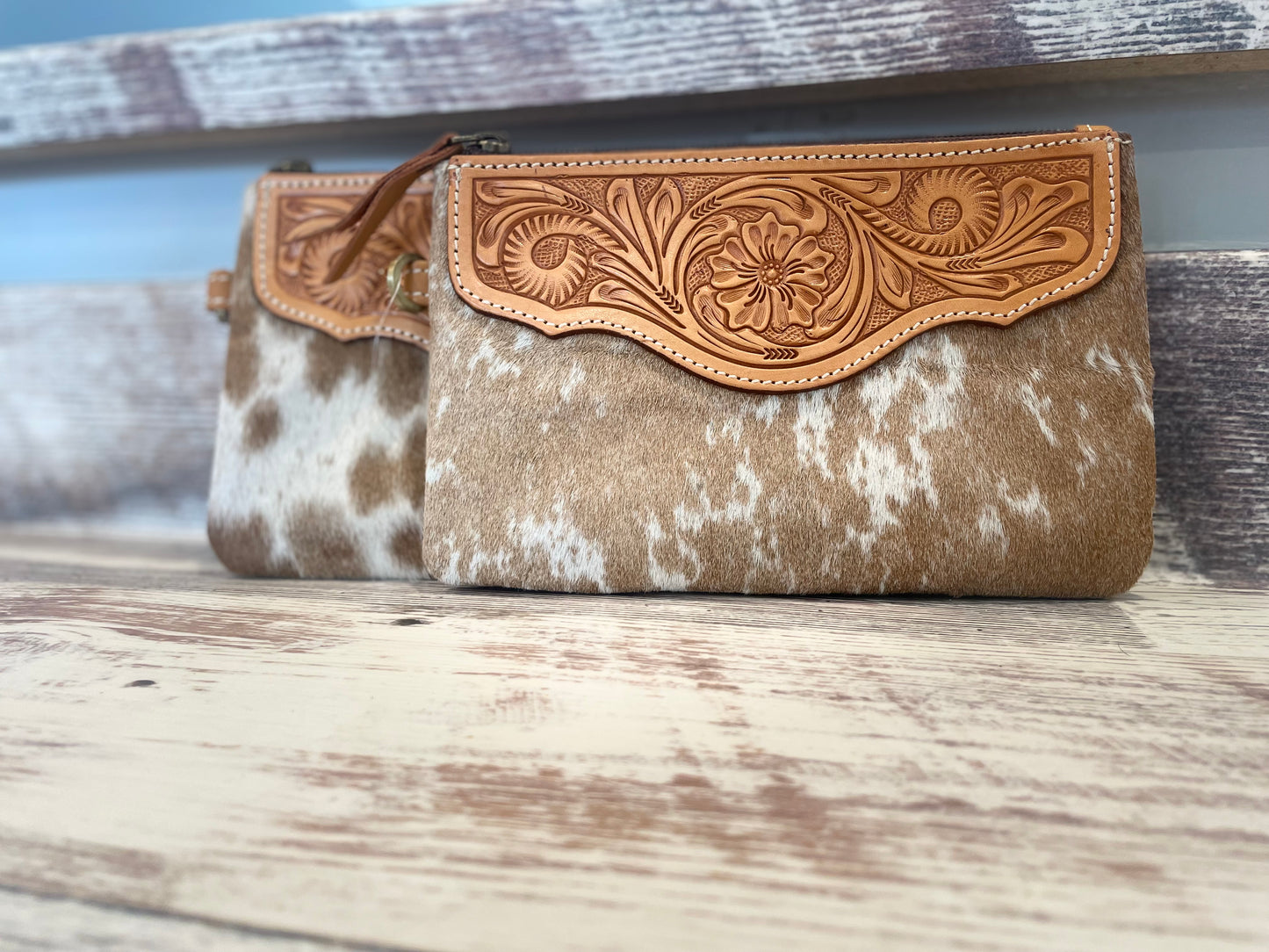 Cowhide Wristlet Bag with Tooled Leather Top