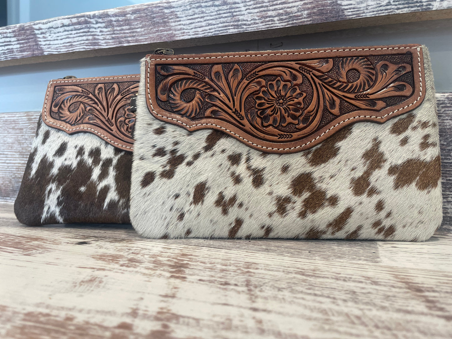 Cowhide Wristlet Bag with Tooled Leather Top