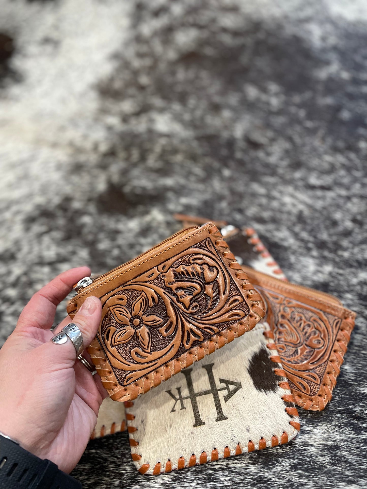 Cowhide & Tooled Leather Coin Purse