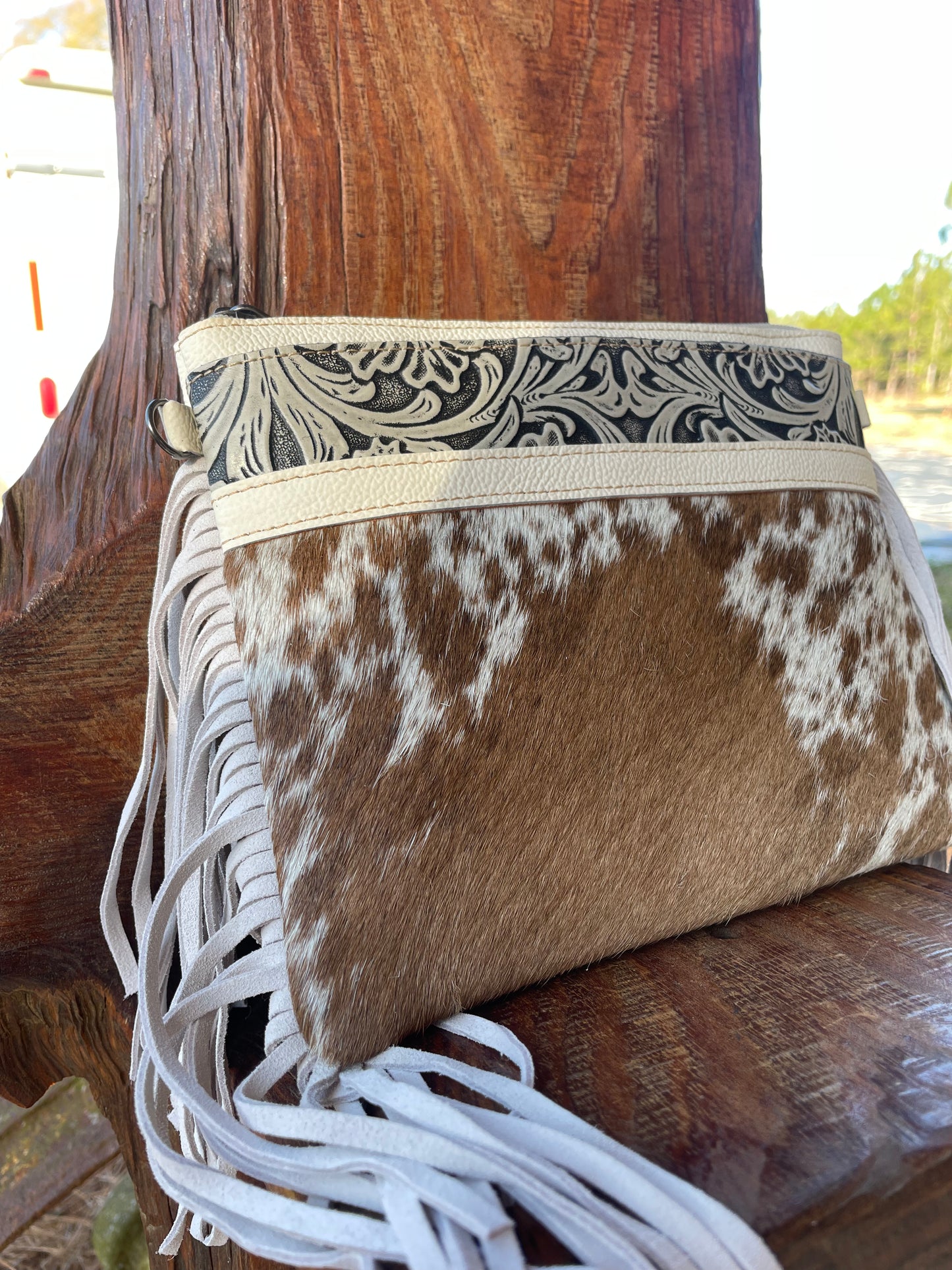 Cowhide + Tooled Leather Crossbody Purse w/ Side Fringe