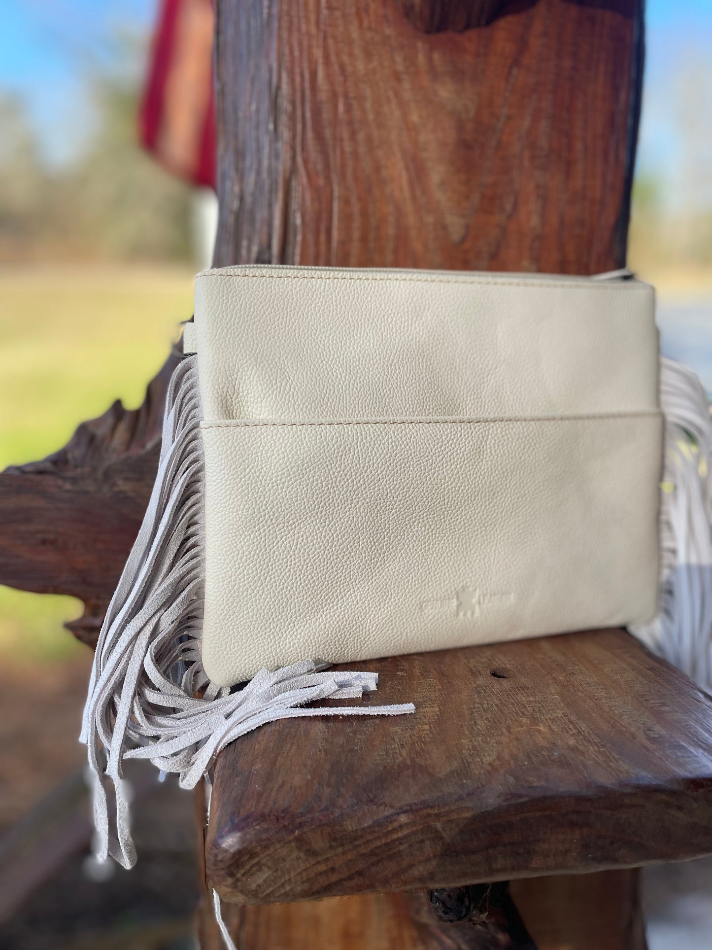 Cowhide + Tooled Leather Crossbody Purse w/ Side Fringe