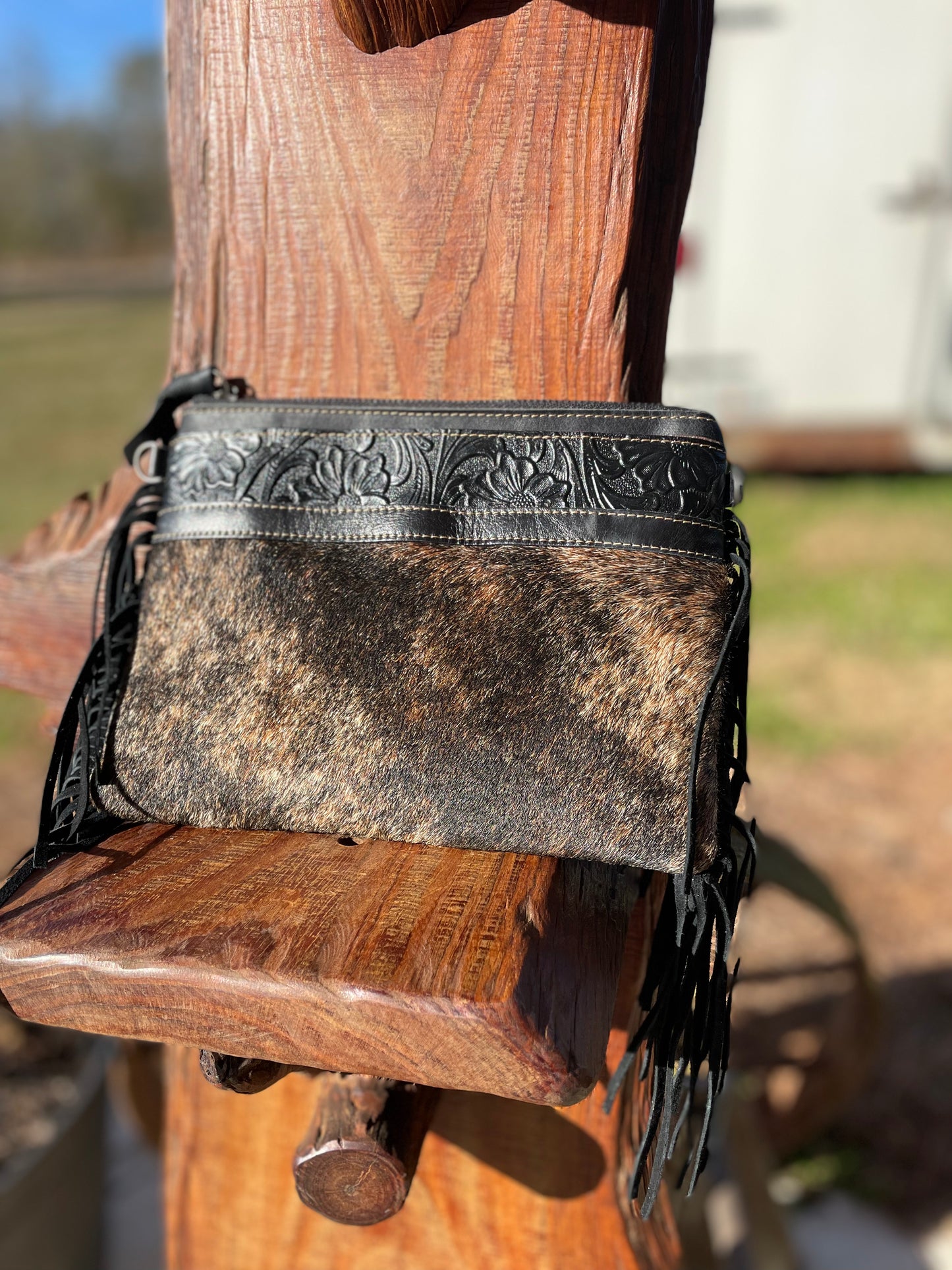 Cowhide + Tooled Leather Crossbody Purse w/ Side Fringe