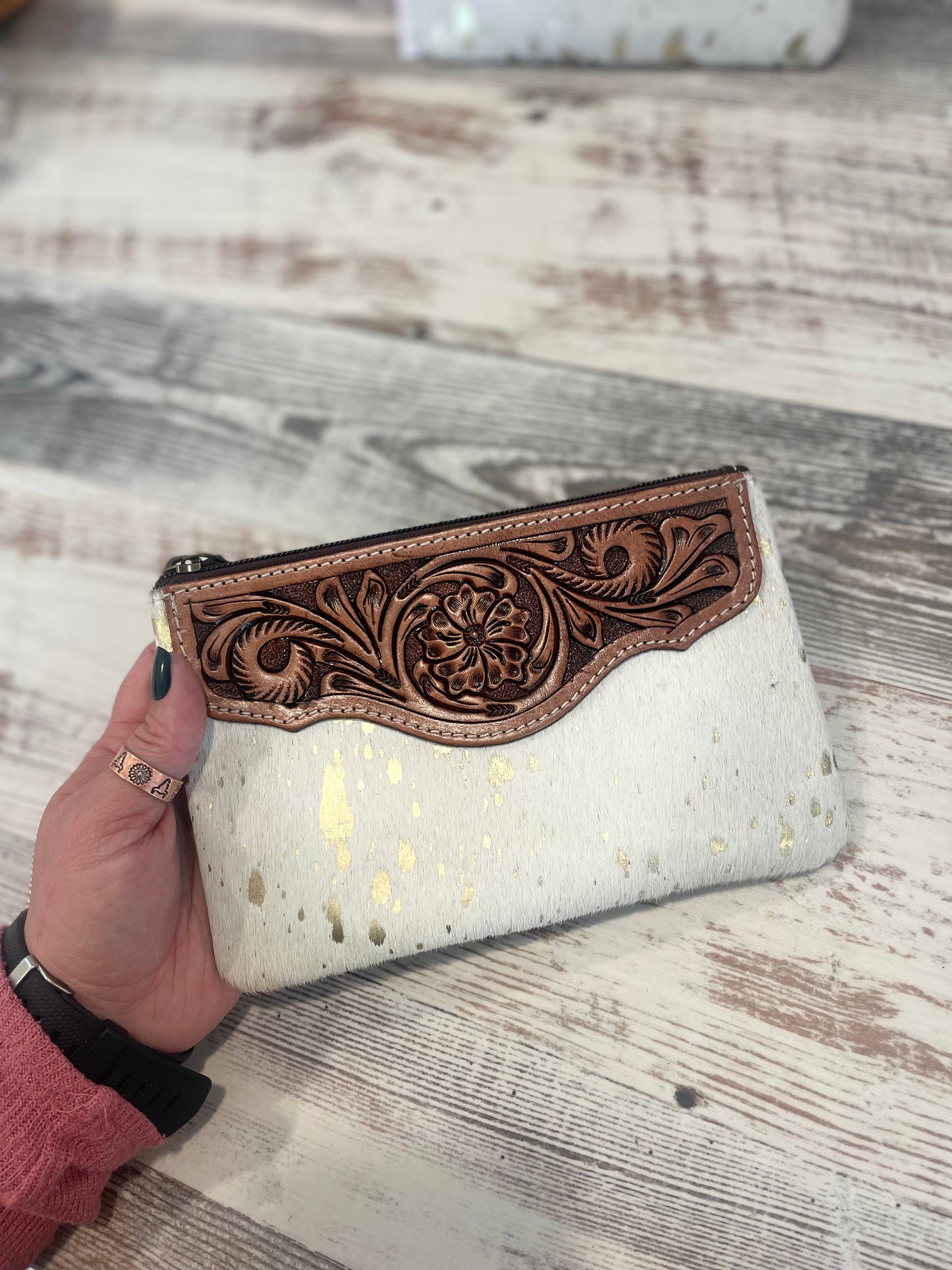 Cowhide Wristlet Bag with Tooled Leather Top