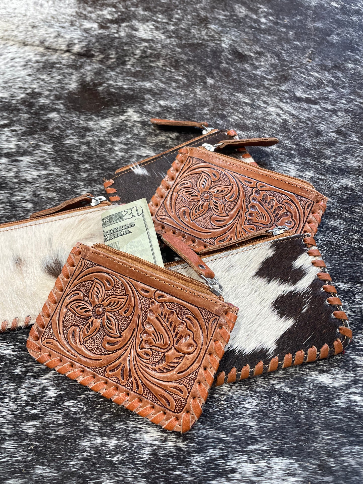 Cowhide & Tooled Leather Coin Purse