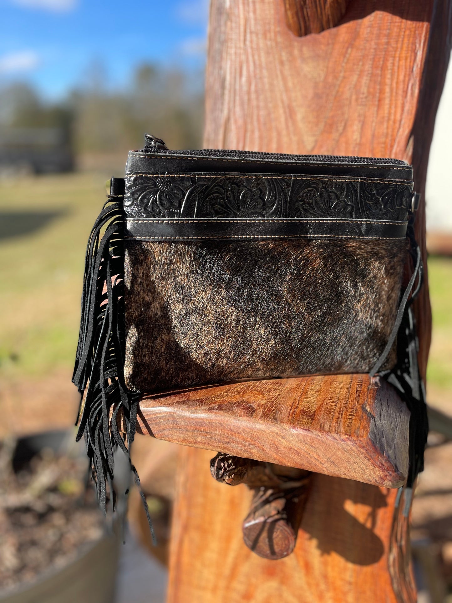 Cowhide + Tooled Leather Crossbody Purse w/ Side Fringe