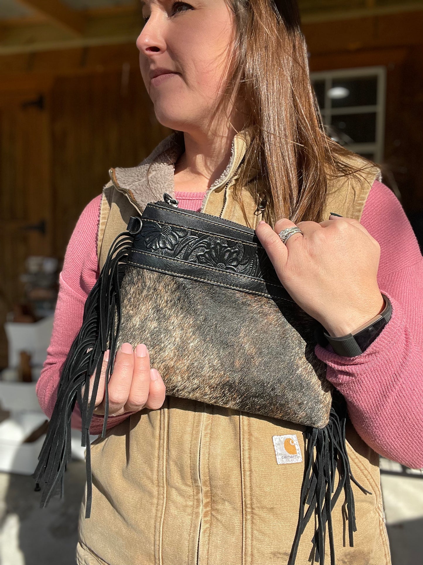 Cowhide + Tooled Leather Crossbody Purse w/ Side Fringe