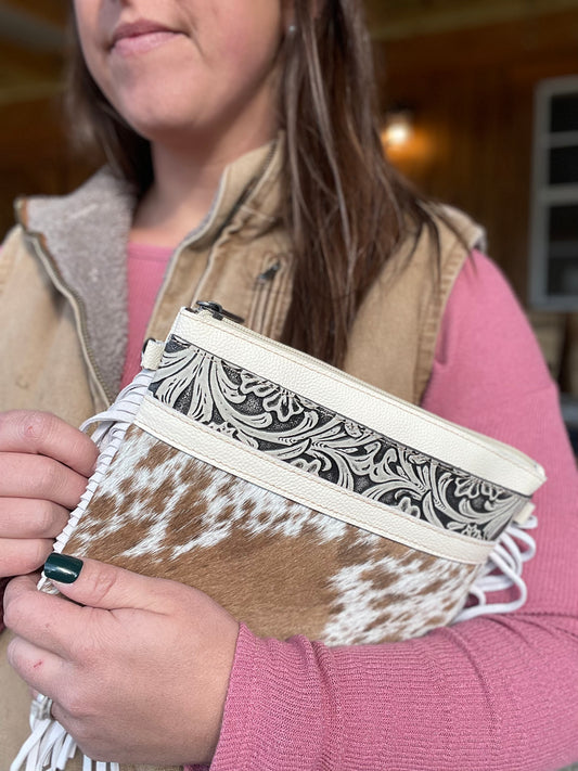 Cowhide + Tooled Leather Crossbody Purse w/ Side Fringe