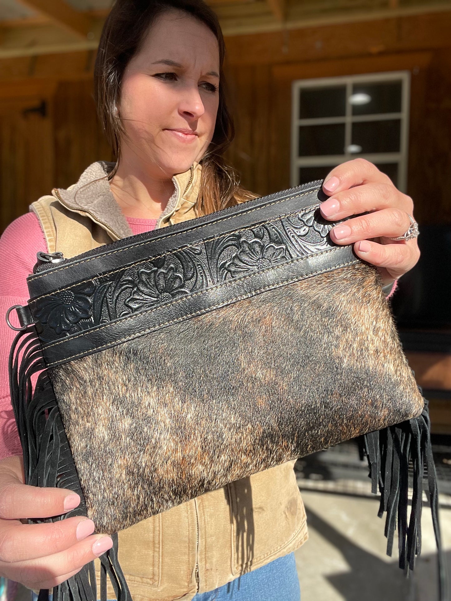 Cowhide + Tooled Leather Crossbody Purse w/ Side Fringe