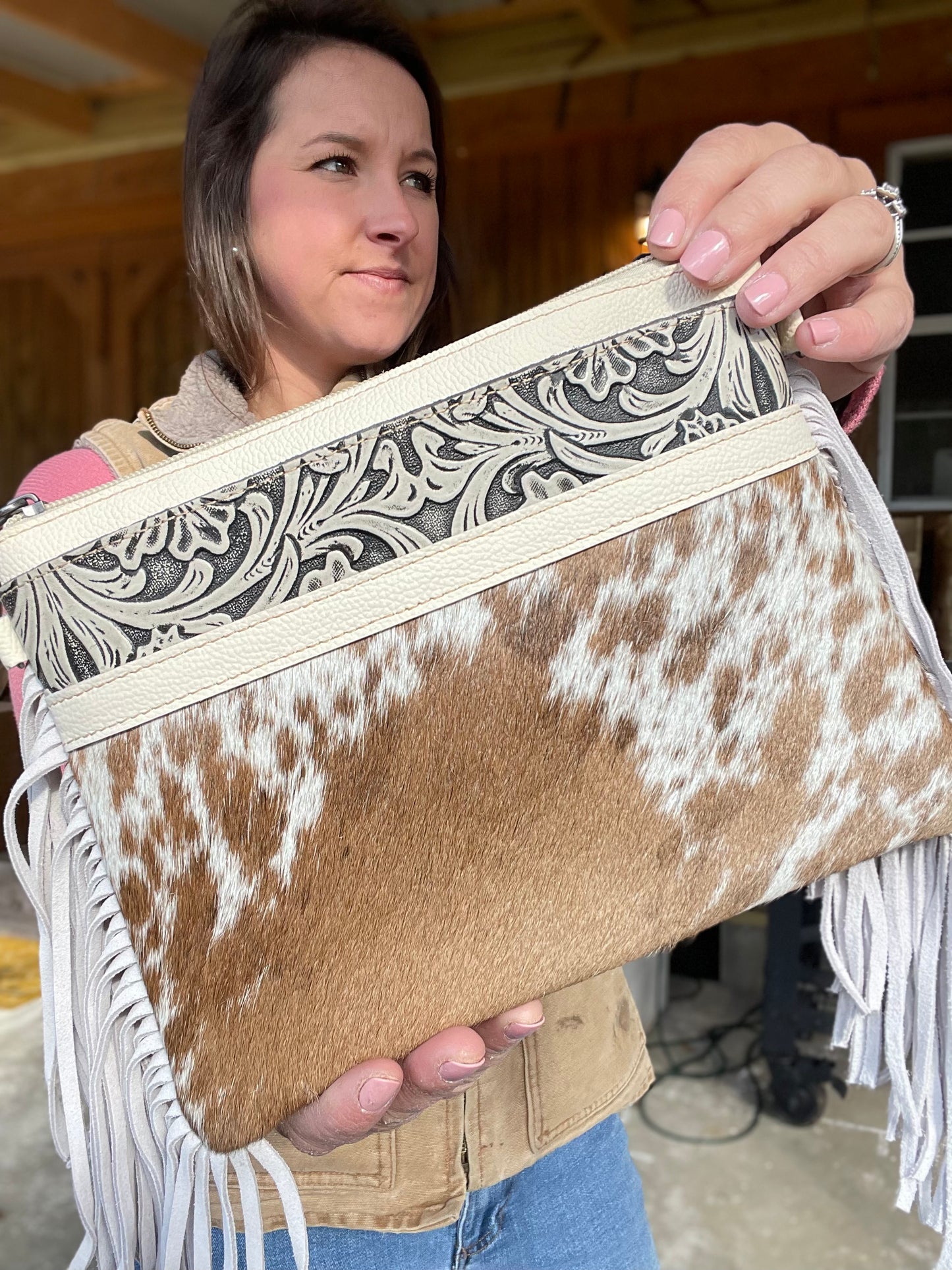 Cowhide + Tooled Leather Crossbody Purse w/ Side Fringe