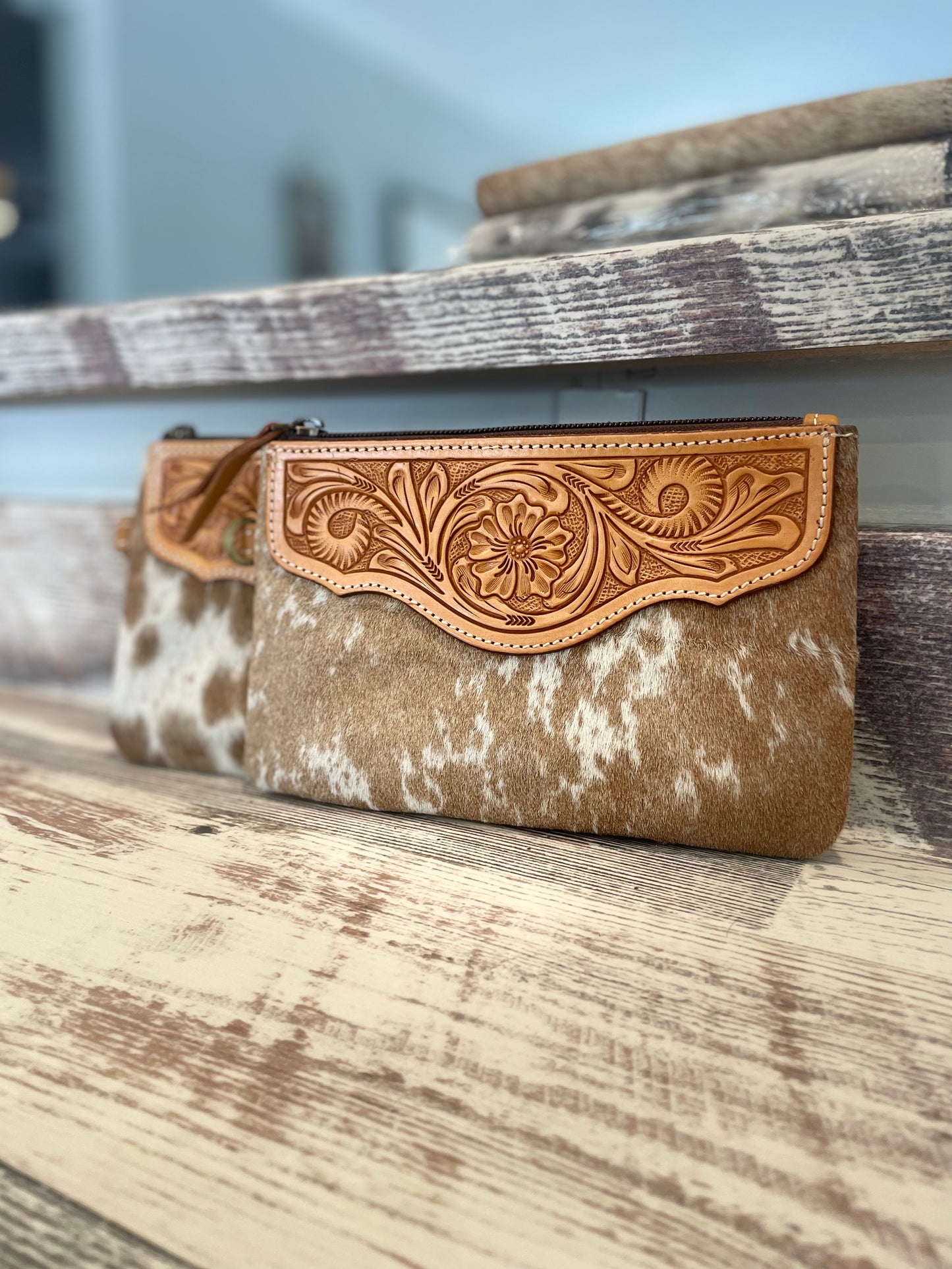 Cowhide Wristlet Bag with Tooled Leather Top