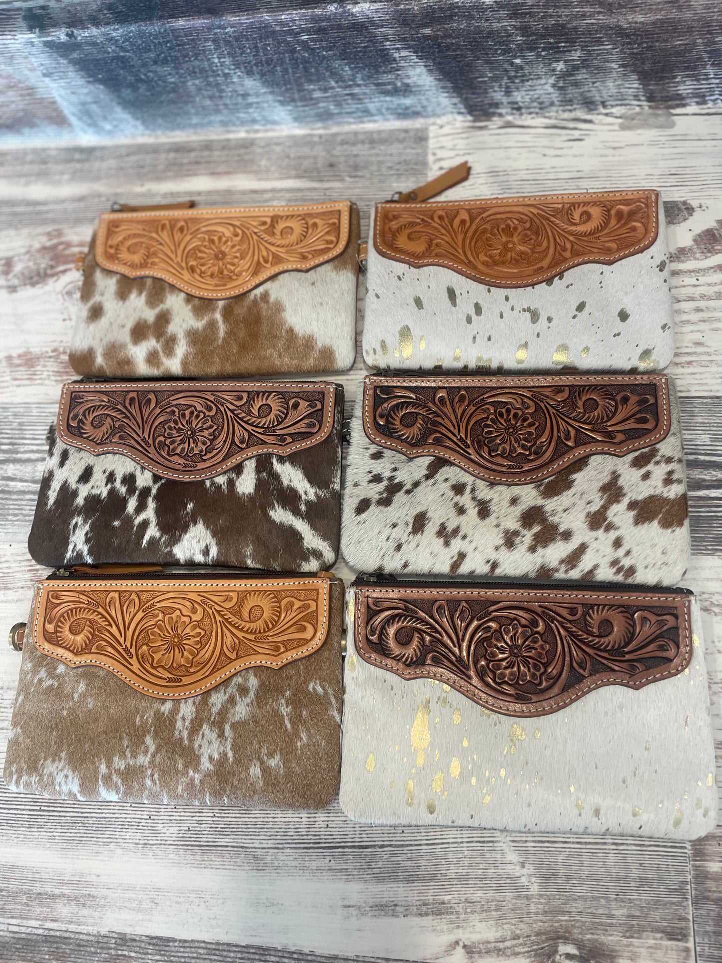 Cowhide Wristlet Bag with Tooled Leather Top