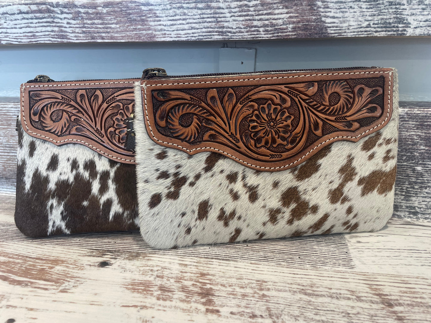 Cowhide Wristlet Bag with Tooled Leather Top