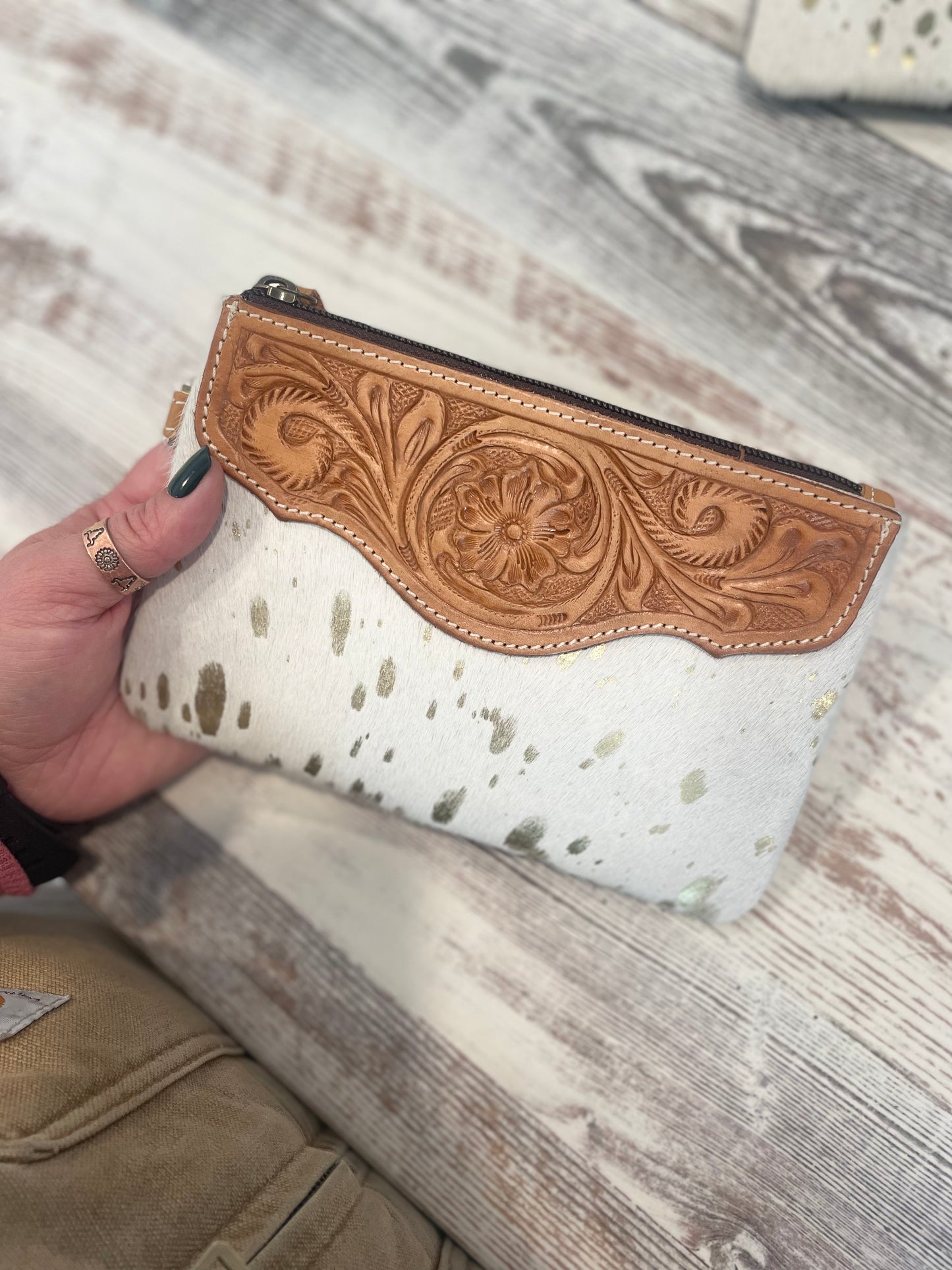 Cowhide Wristlet Bag with Tooled Leather Top